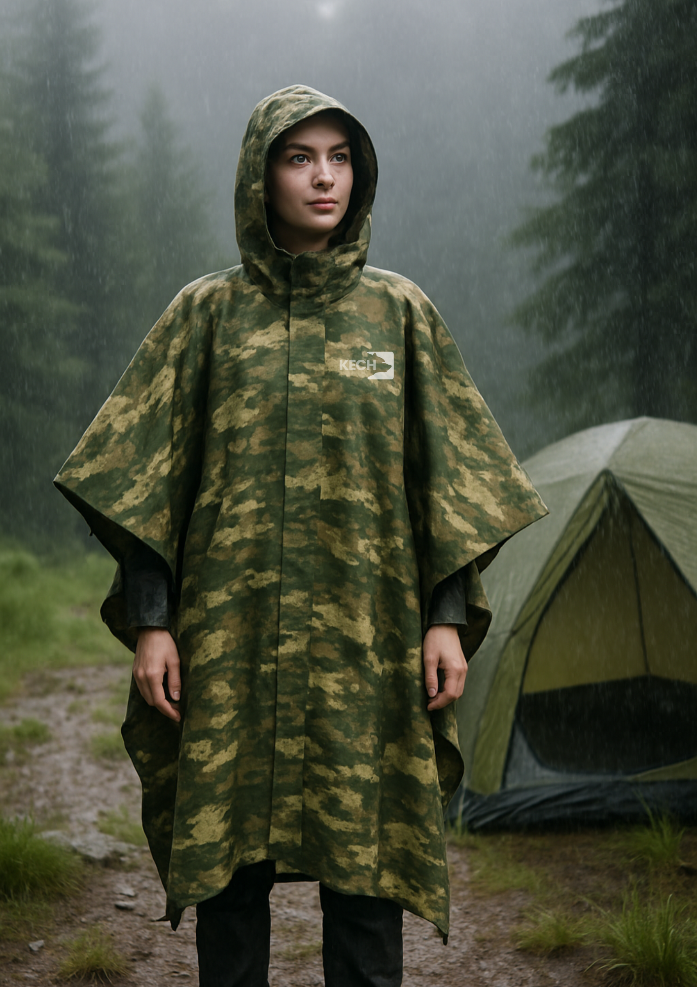 Kamuflaj Desenli Su Geçirmez Yağmurluk Panço